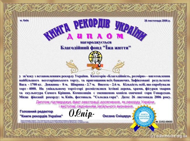 Книга рекордов Укрианы Самый большой вегетарианский торт Книга рекордов Укрианы Самый большой вегетарианский торт